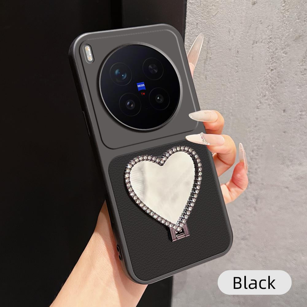 For vivo X300 Pro Lambskin Series Skin Feel Shockproof Phone Case with Heart Mirror Holder(Black)