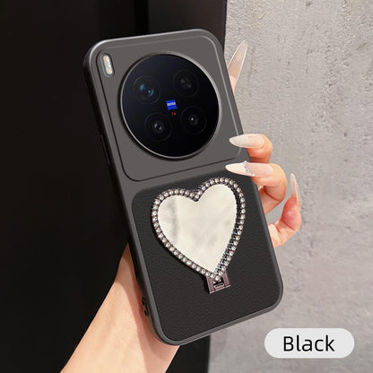 For vivo X300 Pro Lambskin Series Skin Feel Shockproof Phone Case with Heart Mirror Holder(Black)