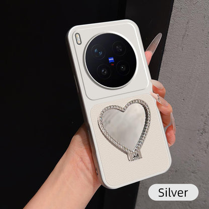 For vivo X300 Pro Lambskin Series Skin Feel Shockproof Phone Case with Heart Mirror Holder(Silver)