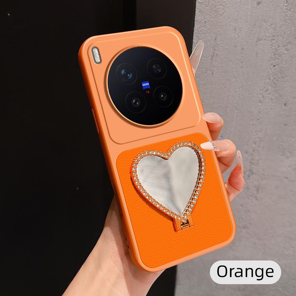 For vivo X300 Pro Lambskin Series Skin Feel Shockproof Phone Case with Heart Mirror Holder(Orange)