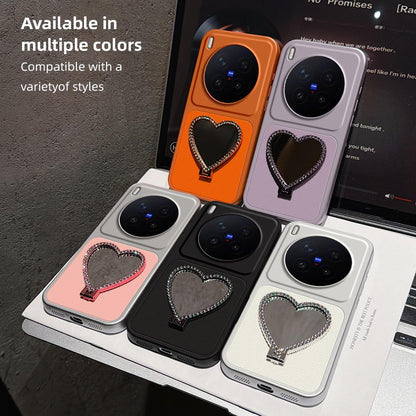 For vivo X300 Pro Lambskin Series Skin Feel Shockproof Phone Case with Heart Mirror Holder(Orange)