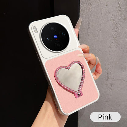 For vivo X300s Lambskin Series Skin Feel Shockproof Phone Case with Heart Mirror Holder(Pink)