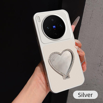 For vivo X300s Lambskin Series Skin Feel Shockproof Phone Case with Heart Mirror Holder(Silver)