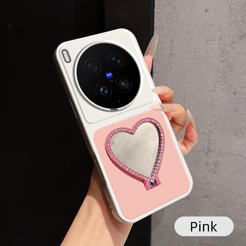 For vivo X300 Ultra Lambskin Series Skin Feel Shockproof Phone Case with Heart Mirror Holder(Pink)