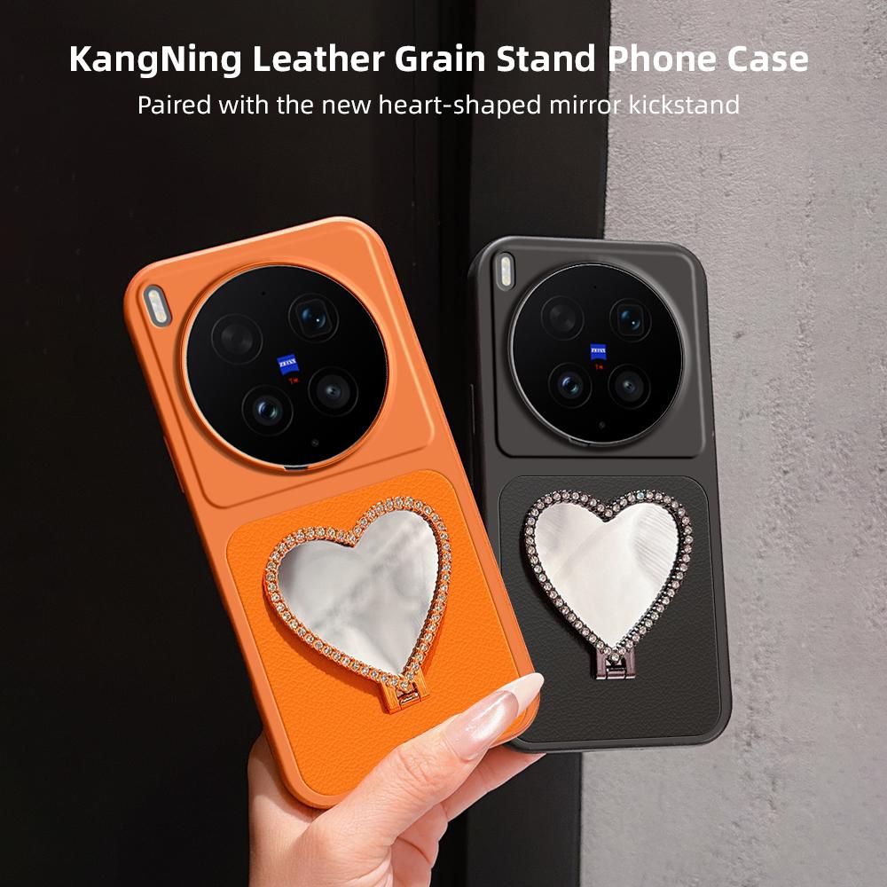 For vivo X300 Ultra Lambskin Series Skin Feel Shockproof Phone Case with Heart Mirror Holder(Pink)