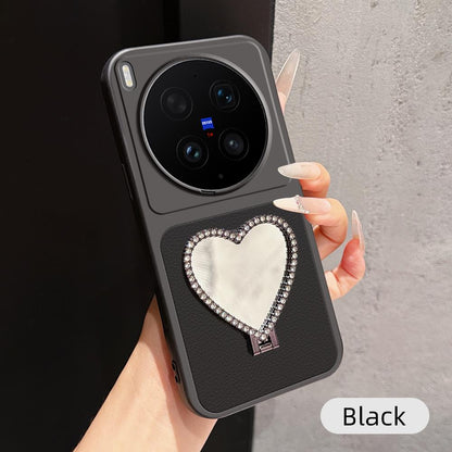 For vivo X300 Ultra Lambskin Series Skin Feel Shockproof Phone Case with Heart Mirror Holder(Black)
