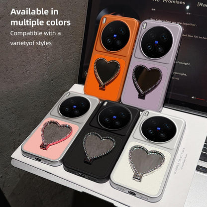 For vivo X300 Ultra Lambskin Series Skin Feel Shockproof Phone Case with Heart Mirror Holder(Black)