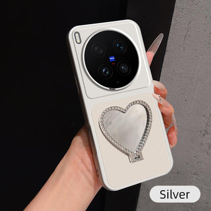 For vivo X300 Ultra Lambskin Series Skin Feel Shockproof Phone Case with Heart Mirror Holder(Silver)