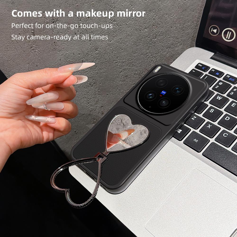 For vivo X300 Ultra Lambskin Series Skin Feel Shockproof Phone Case with Heart Mirror Holder(Silver)