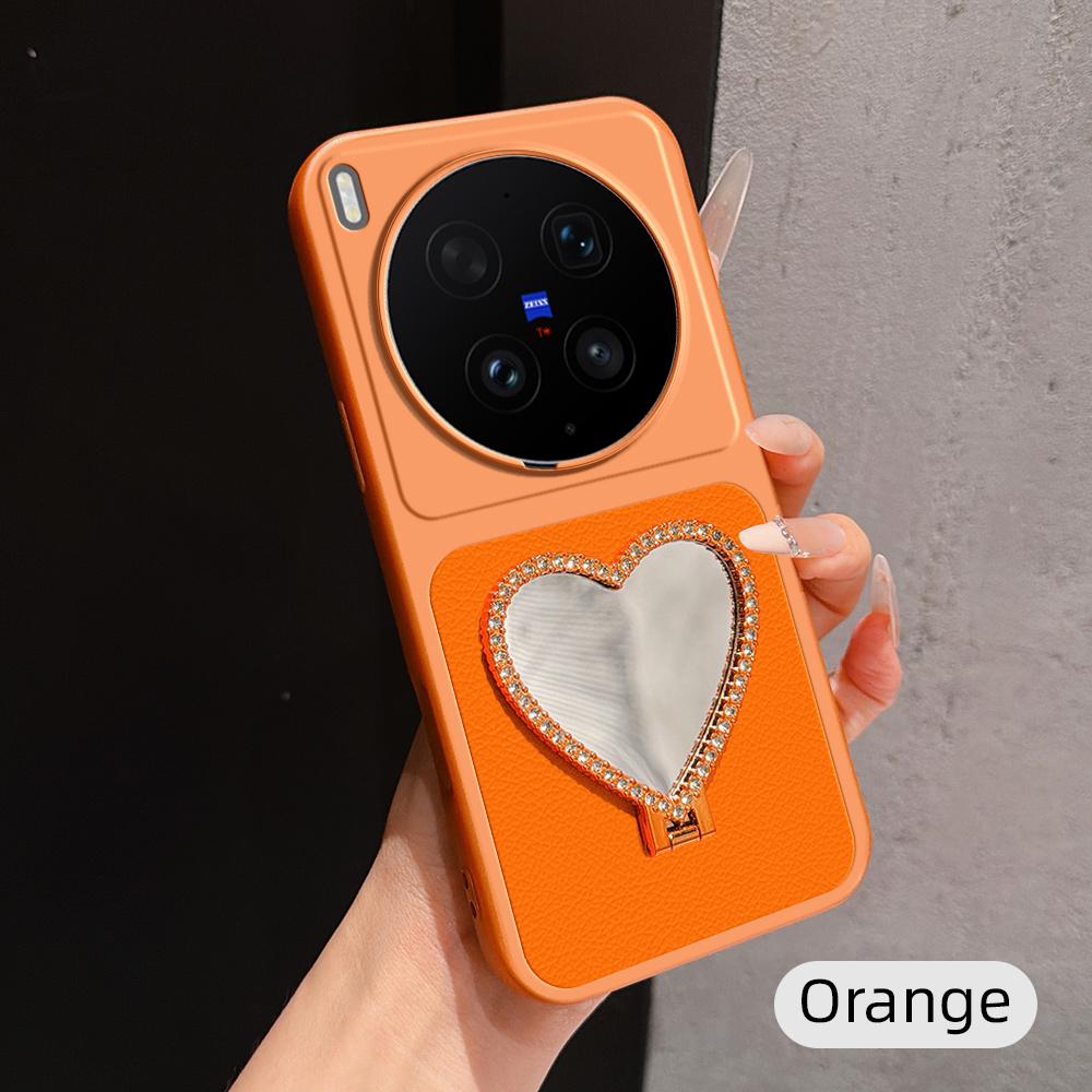 For vivo X300 Ultra Lambskin Series Skin Feel Shockproof Phone Case with Heart Mirror Holder(Orange)