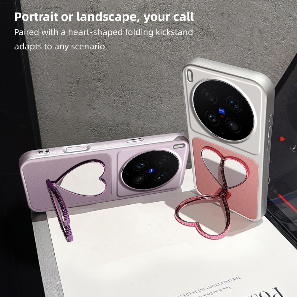 For vivo X300 Ultra Lambskin Series Skin Feel Shockproof Phone Case with Heart Mirror Holder(Orange)