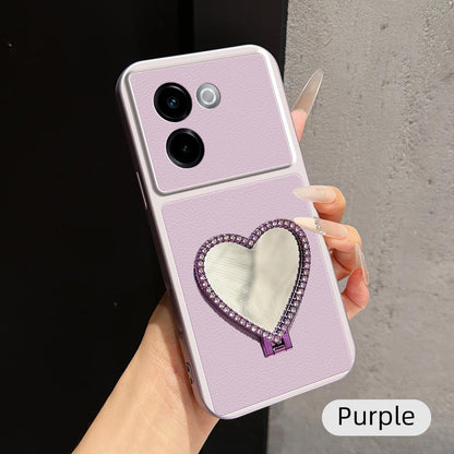 For vivo Y200 Lambskin Series Skin Feel Shockproof Phone Case with Heart Mirror Holder(Purple)