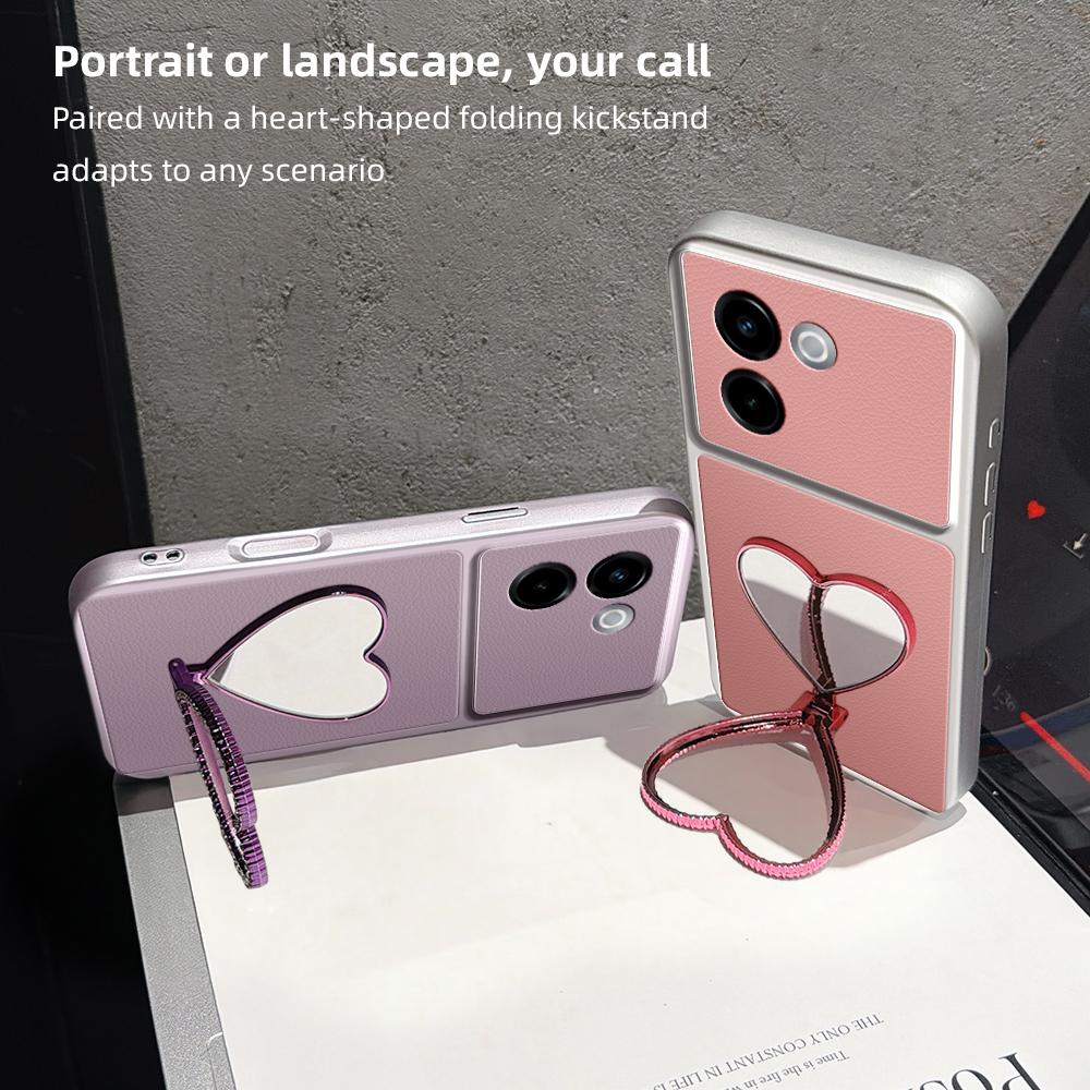 For vivo Y200 Lambskin Series Skin Feel Shockproof Phone Case with Heart Mirror Holder(Purple)
