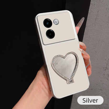 For vivo Y200 Lambskin Series Skin Feel Shockproof Phone Case with Heart Mirror Holder(Silver)