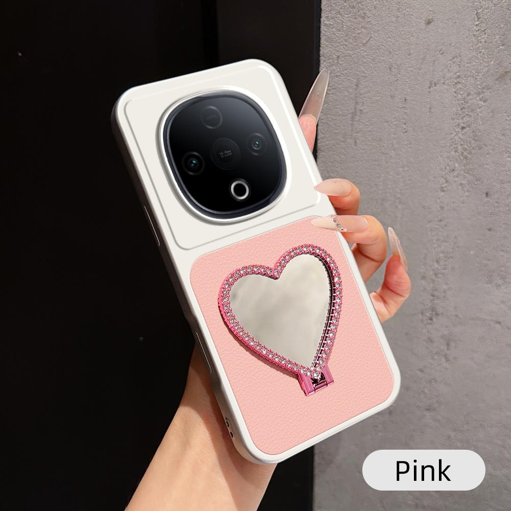 For vivo Y300 Lambskin Series Skin Feel Shockproof Phone Case with Heart Mirror Holder(Pink)