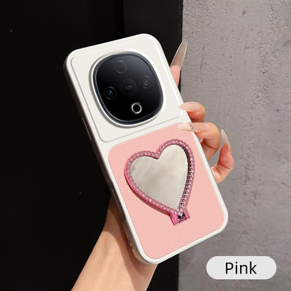 For vivo Y300 Lambskin Series Skin Feel Shockproof Phone Case with Heart Mirror Holder(Pink)