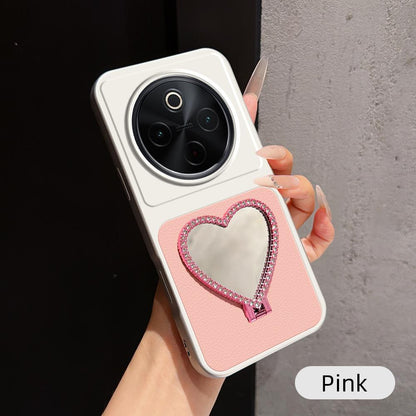 For vivo Y300 Pro Lambskin Series Skin Feel Shockproof Phone Case with Heart Mirror Holder(Pink)
