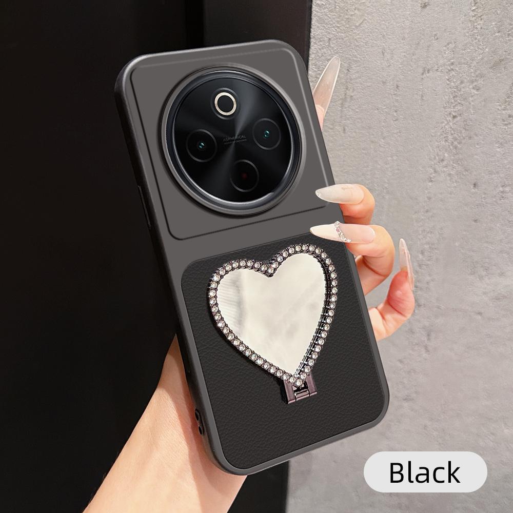 For vivo Y300 Pro Lambskin Series Skin Feel Shockproof Phone Case with Heart Mirror Holder(Black)