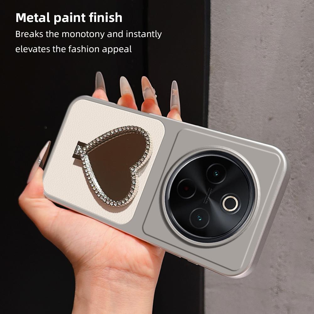For vivo Y300 Pro Lambskin Series Skin Feel Shockproof Phone Case with Heart Mirror Holder(Orange)