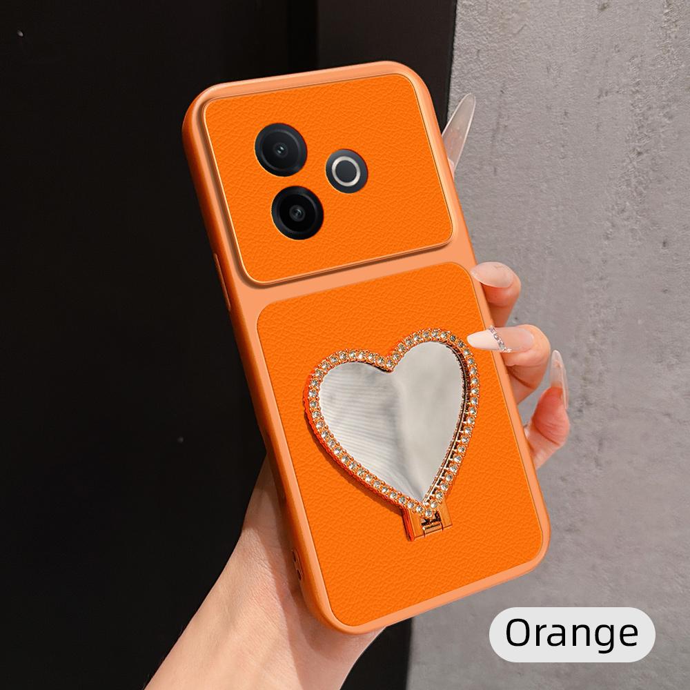 For vivo Y300i Lambskin Series Skin Feel Shockproof Phone Case with Heart Mirror Holder(Orange)