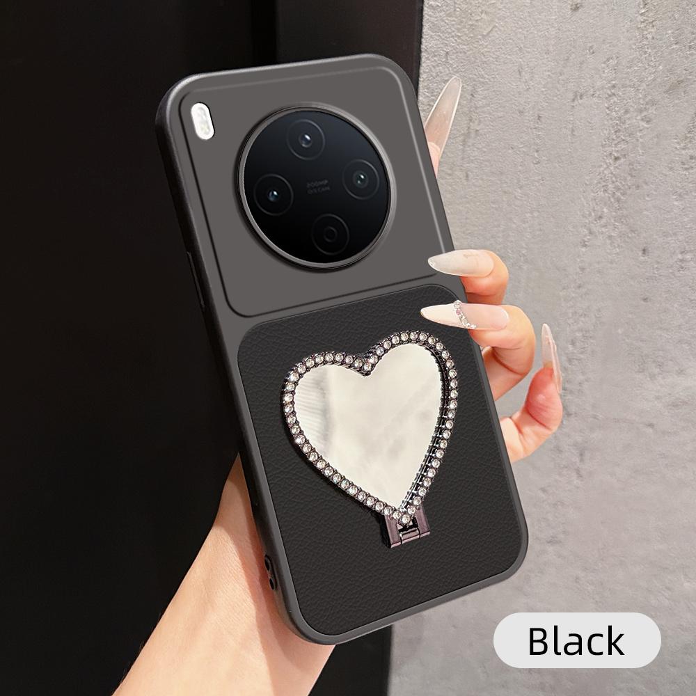 For vivo Y500 Pro 5G Lambskin Series Skin Feel Shockproof Phone Case with Heart Mirror Holder(Black)