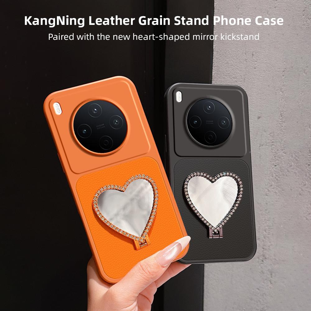 For vivo Y500 Pro 5G Lambskin Series Skin Feel Shockproof Phone Case with Heart Mirror Holder(Black)