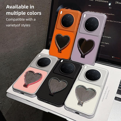 For vivo Y500 Pro 5G Lambskin Series Skin Feel Shockproof Phone Case with Heart Mirror Holder(Black)