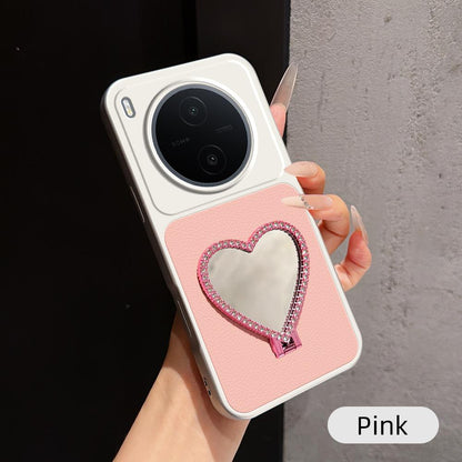For vivo Y600 Pro 5G Lambskin Series Skin Feel Shockproof Phone Case with Heart Mirror Holder(Pink)