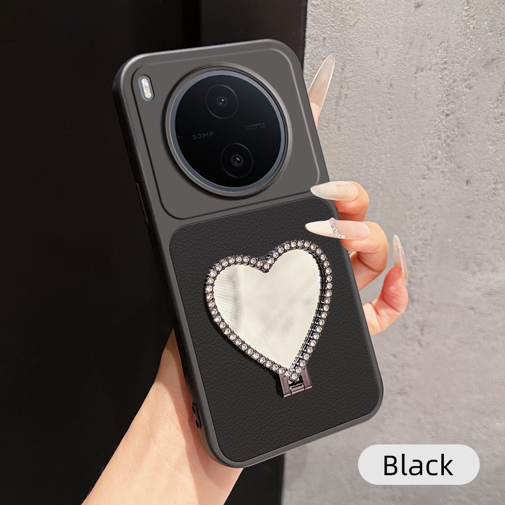 For vivo Y600 Pro 5G Lambskin Series Skin Feel Shockproof Phone Case with Heart Mirror Holder(Black)