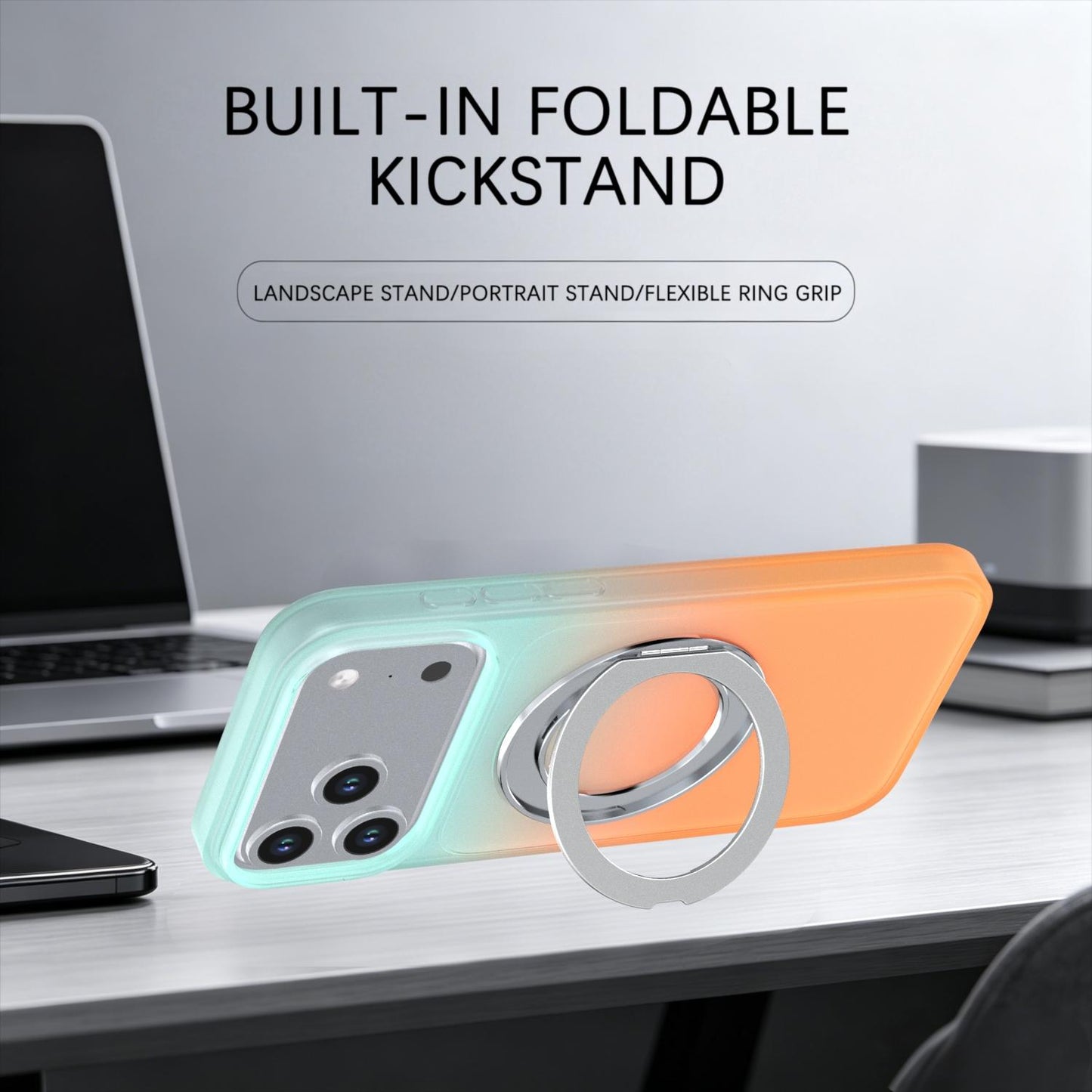 For iPhone 17 Pro Max Phantom Skin Feel Gradient 360 Degree Rotating Holder Phone Case(Orange)