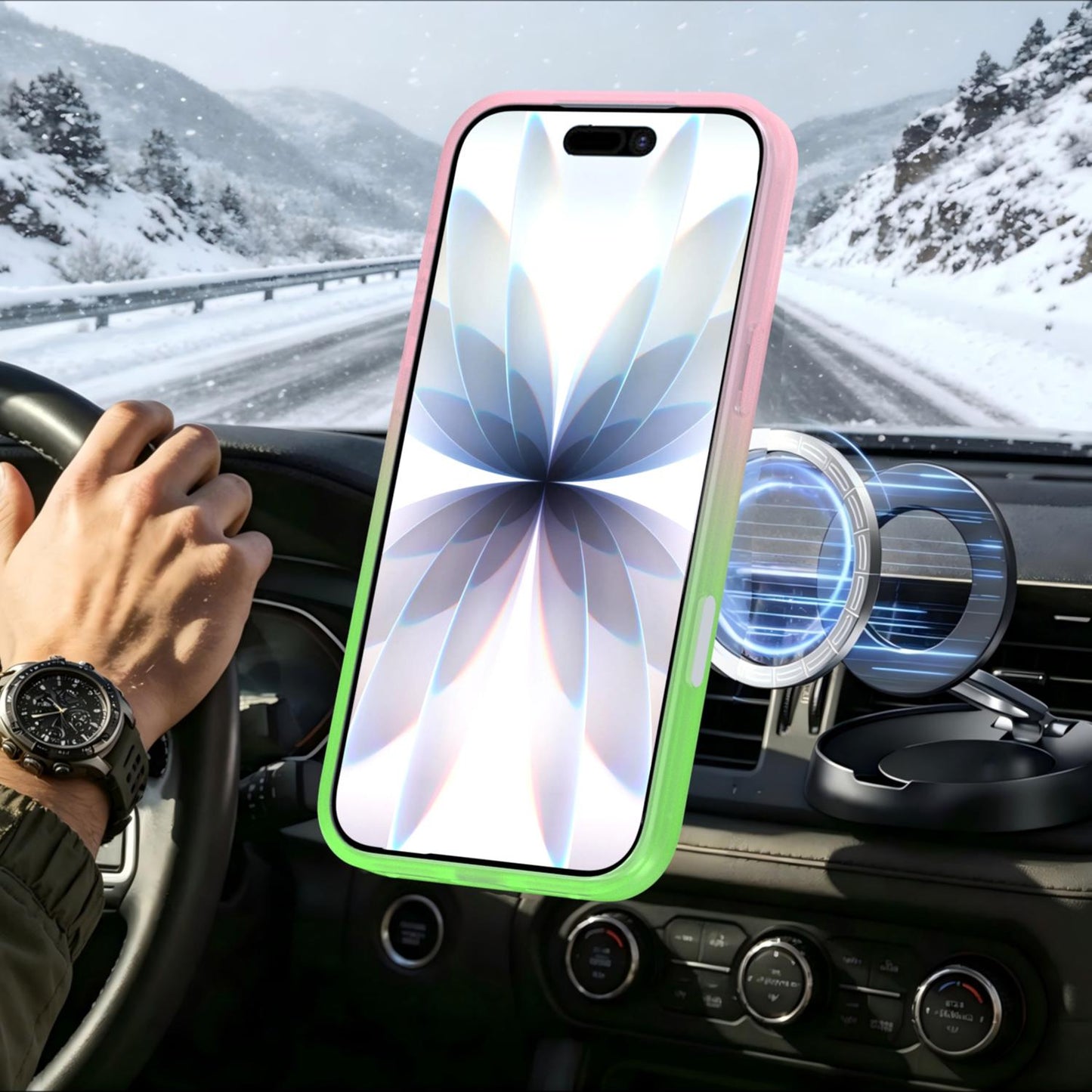 For iPhone 17 Pro Max Phantom Skin Feel Gradient 360 Degree Rotating Holder Phone Case(Pink)