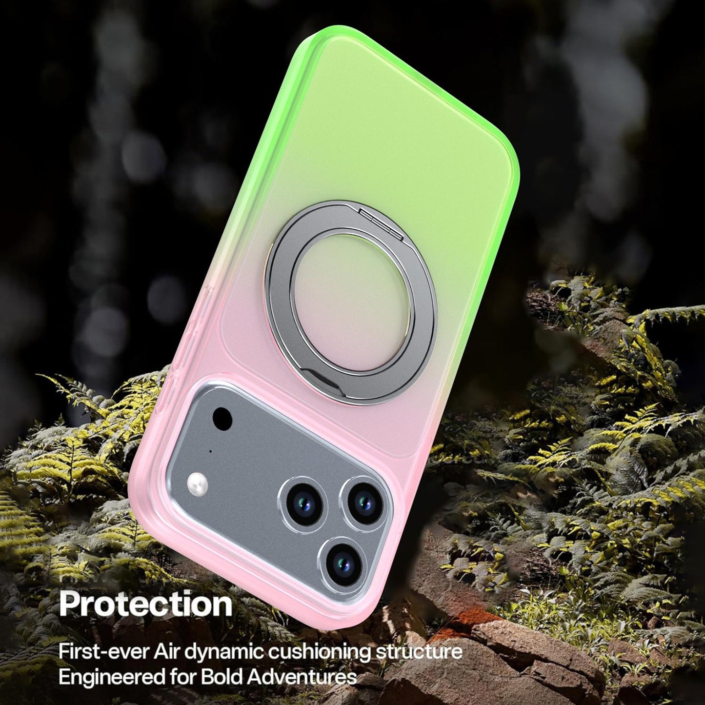 For iPhone 17 Pro Max Phantom Skin Feel Gradient 360 Degree Rotating Holder Phone Case(Pink)