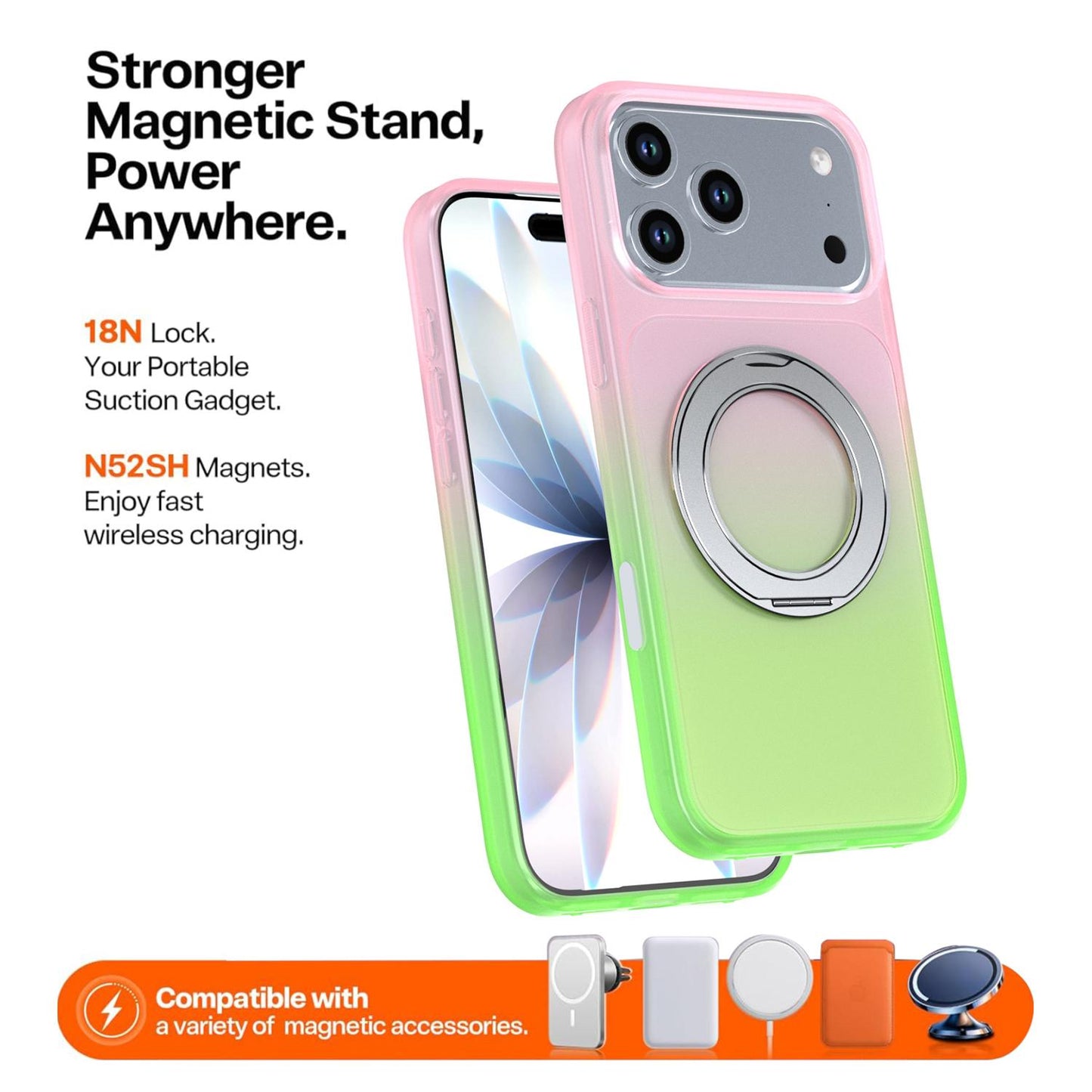 For iPhone 17 Pro Phantom Skin Feel Gradient 360 Degree Rotating Holder Phone Case(Pink)