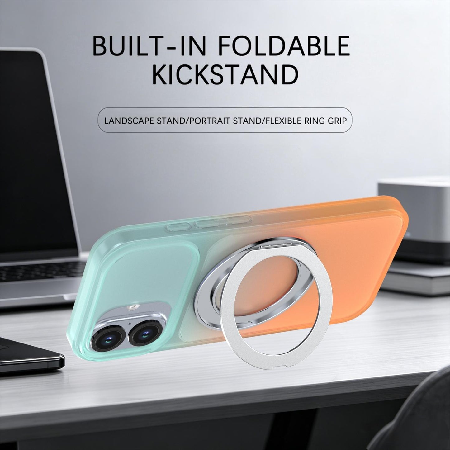 For iPhone 17 Phantom Skin Feel Gradient 360 Degree Rotating Holder Phone Case(Orange)