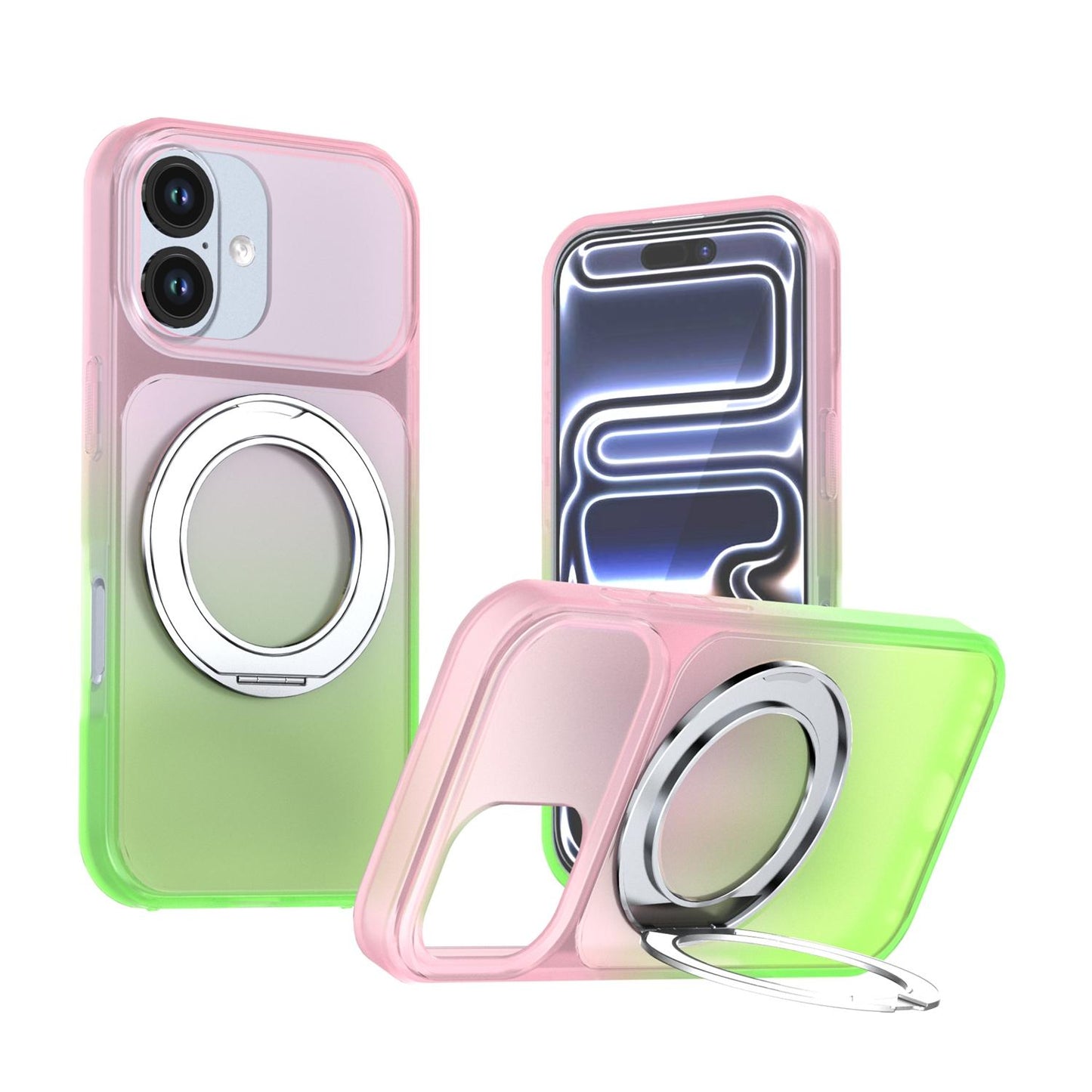 For iPhone 17 Phantom Skin Feel Gradient 360 Degree Rotating Holder Phone Case(Pink)