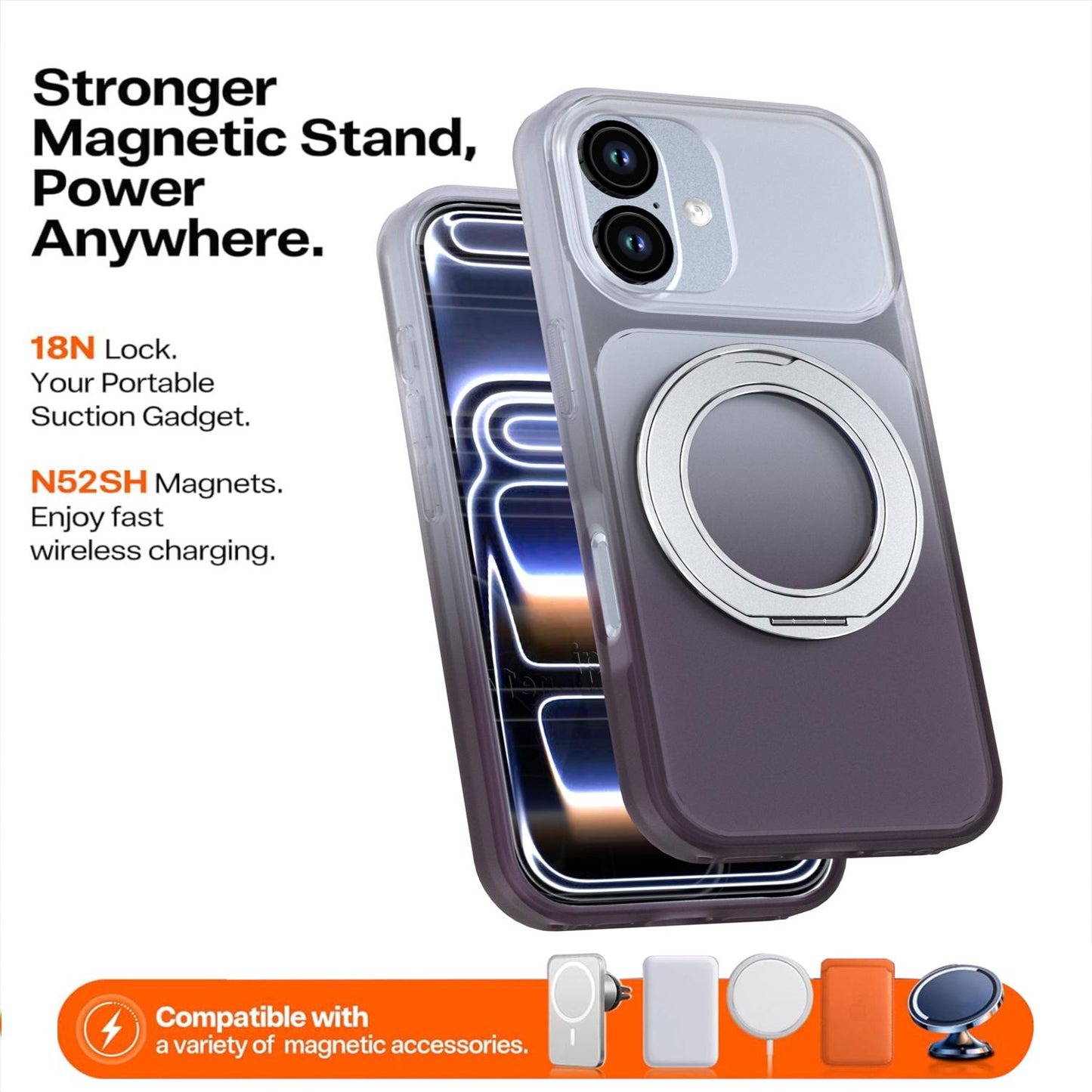 For iPhone 17 Phantom Skin Feel Gradient 360 Degree Rotating Holder Phone Case(Grey)