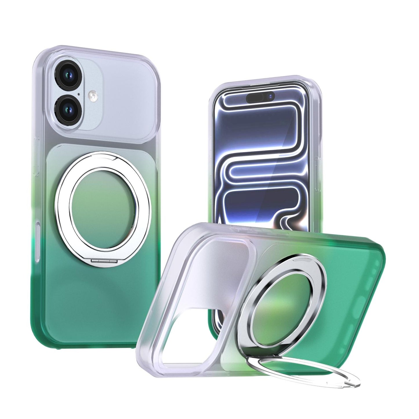 For iPhone 17 Phantom Skin Feel Gradient 360 Degree Rotating Holder Phone Case(Green)
