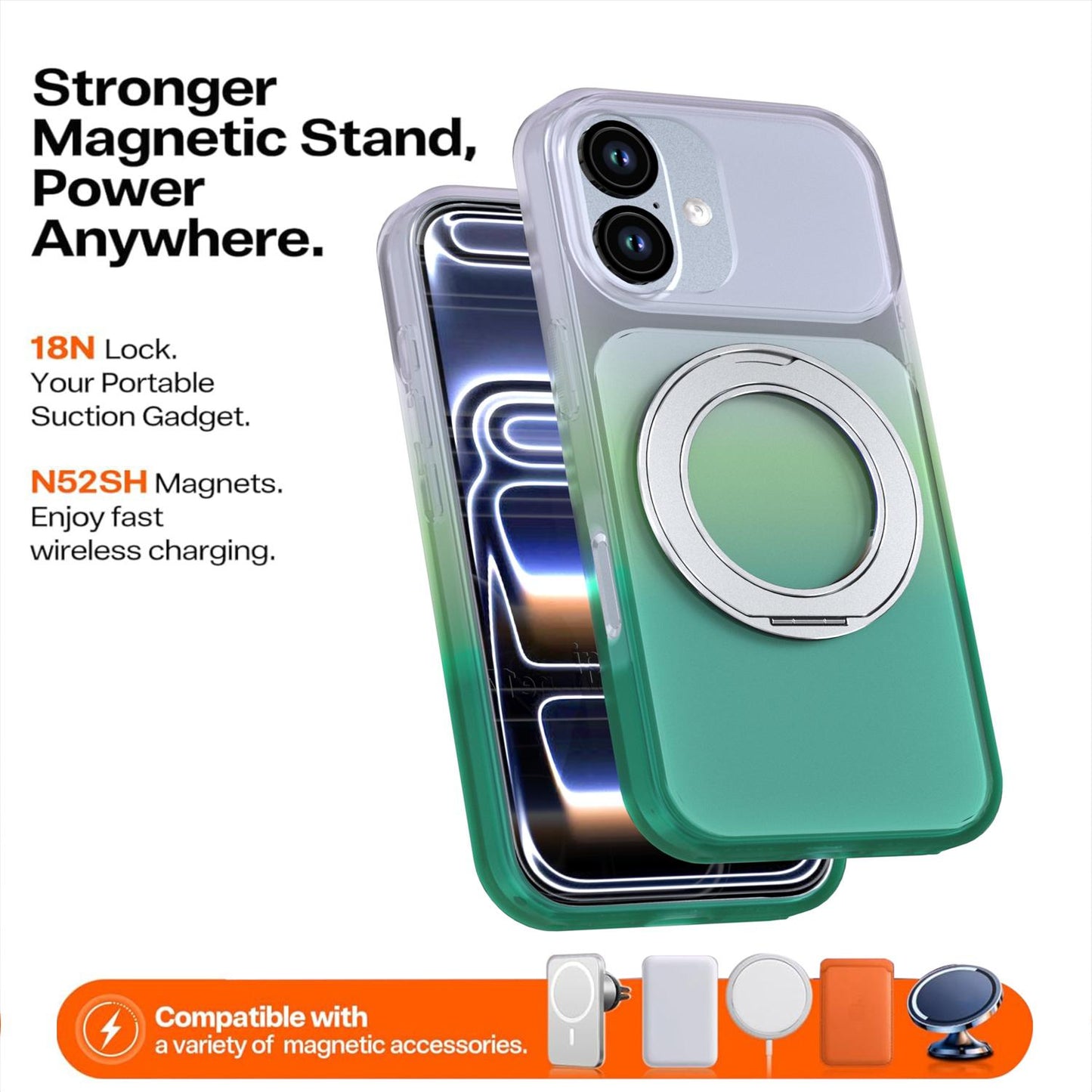 For iPhone 17 Phantom Skin Feel Gradient 360 Degree Rotating Holder Phone Case(Green)