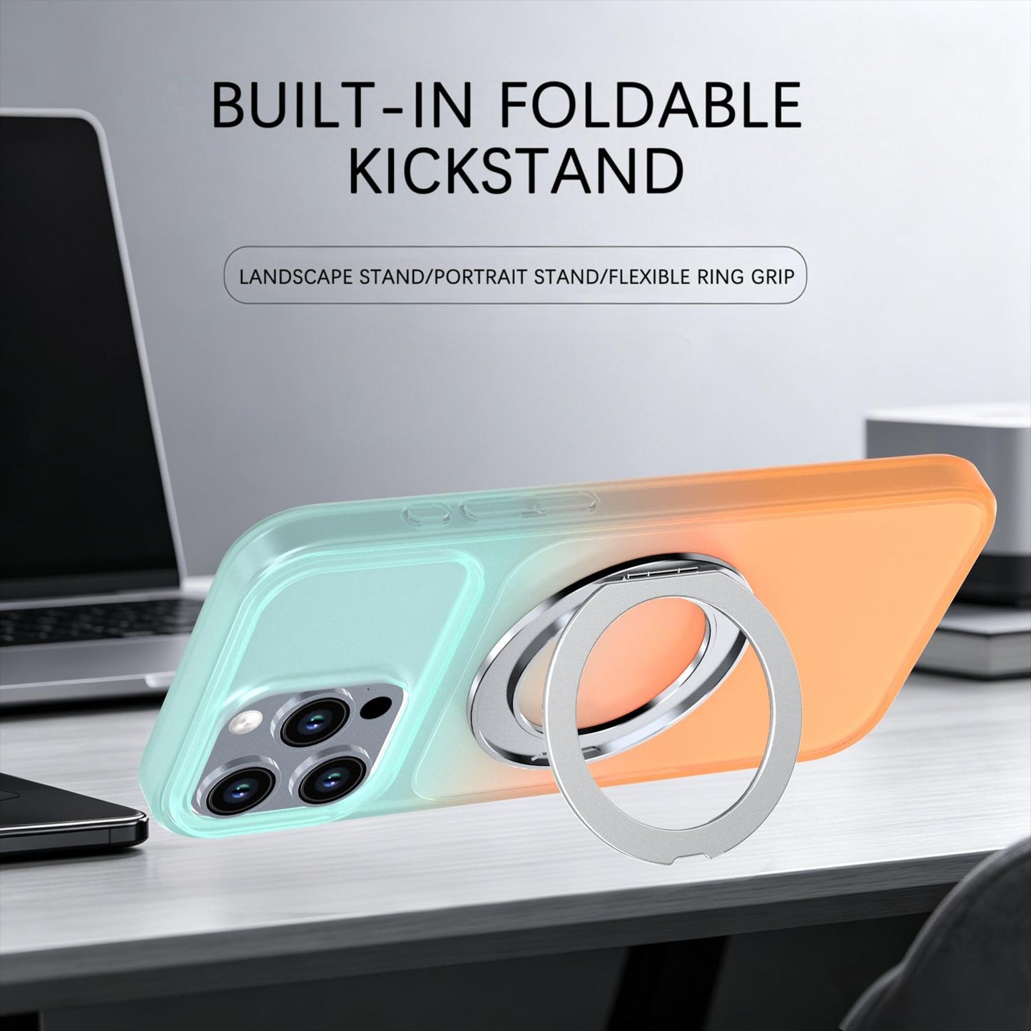 For iPhone 16 Pro Max Phantom Skin Feel Gradient 360 Degree Rotating Holder Phone Case(Orange)