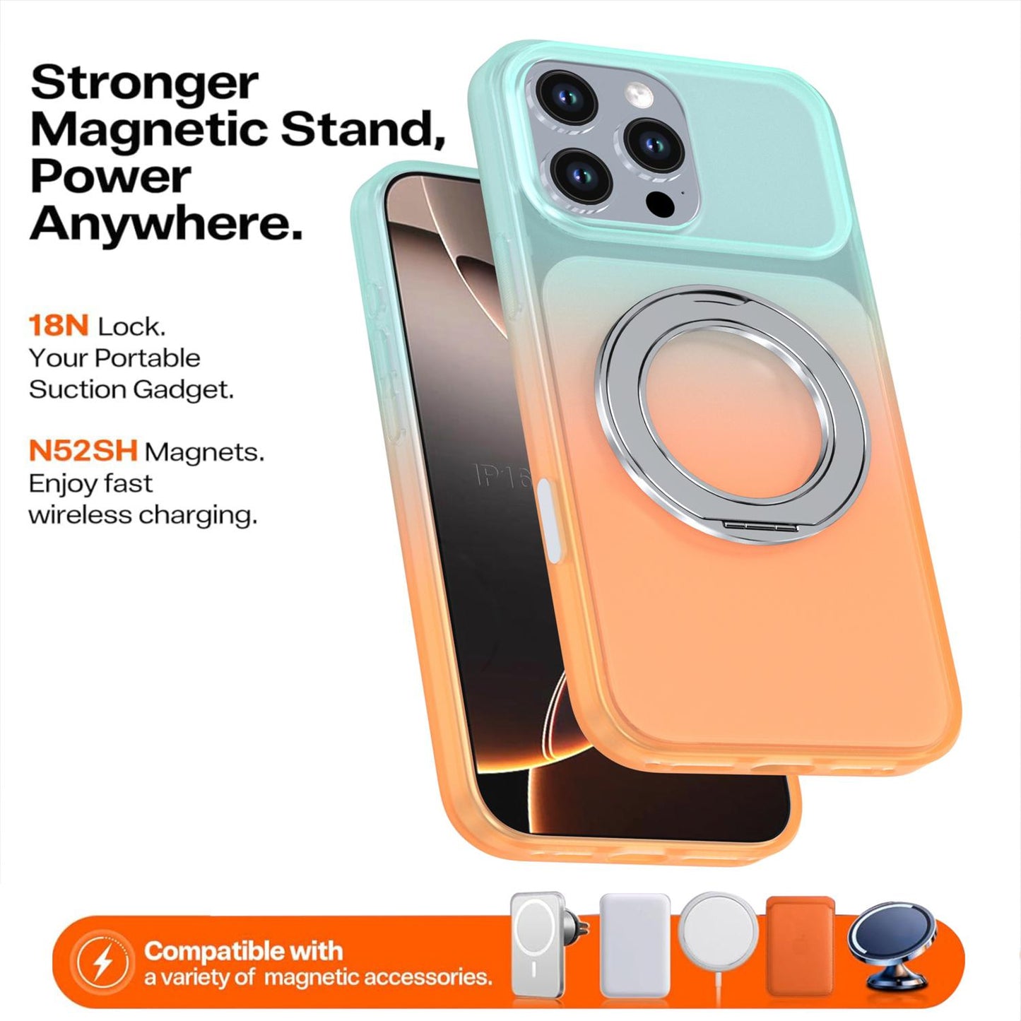 For iPhone 16 Pro Max Phantom Skin Feel Gradient 360 Degree Rotating Holder Phone Case(Orange)