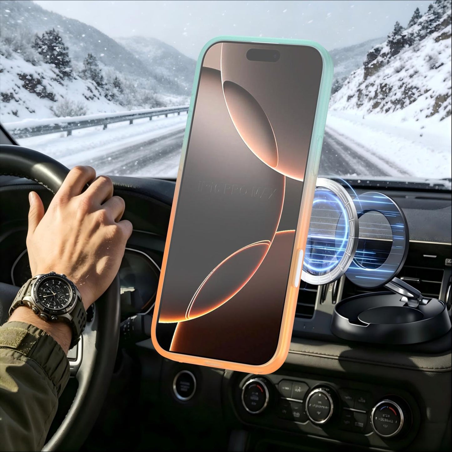 For iPhone 16 Pro Max Phantom Skin Feel Gradient 360 Degree Rotating Holder Phone Case(Orange)