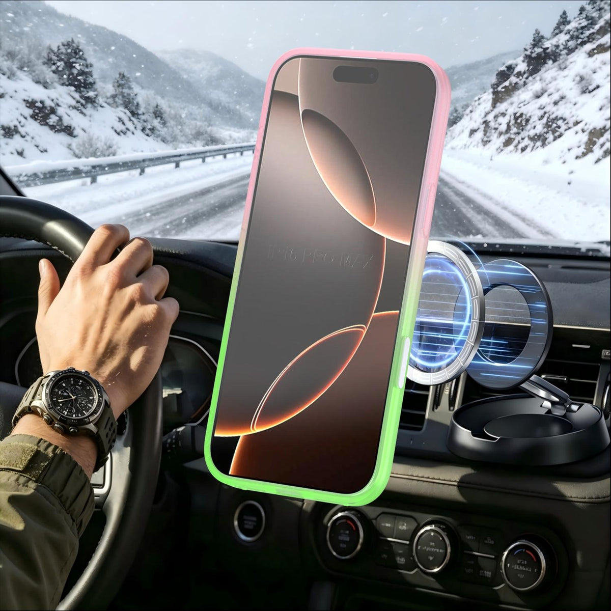 For iPhone 16 Pro Max Phantom Skin Feel Gradient 360 Degree Rotating Holder Phone Case - Pink - EDA009999005B