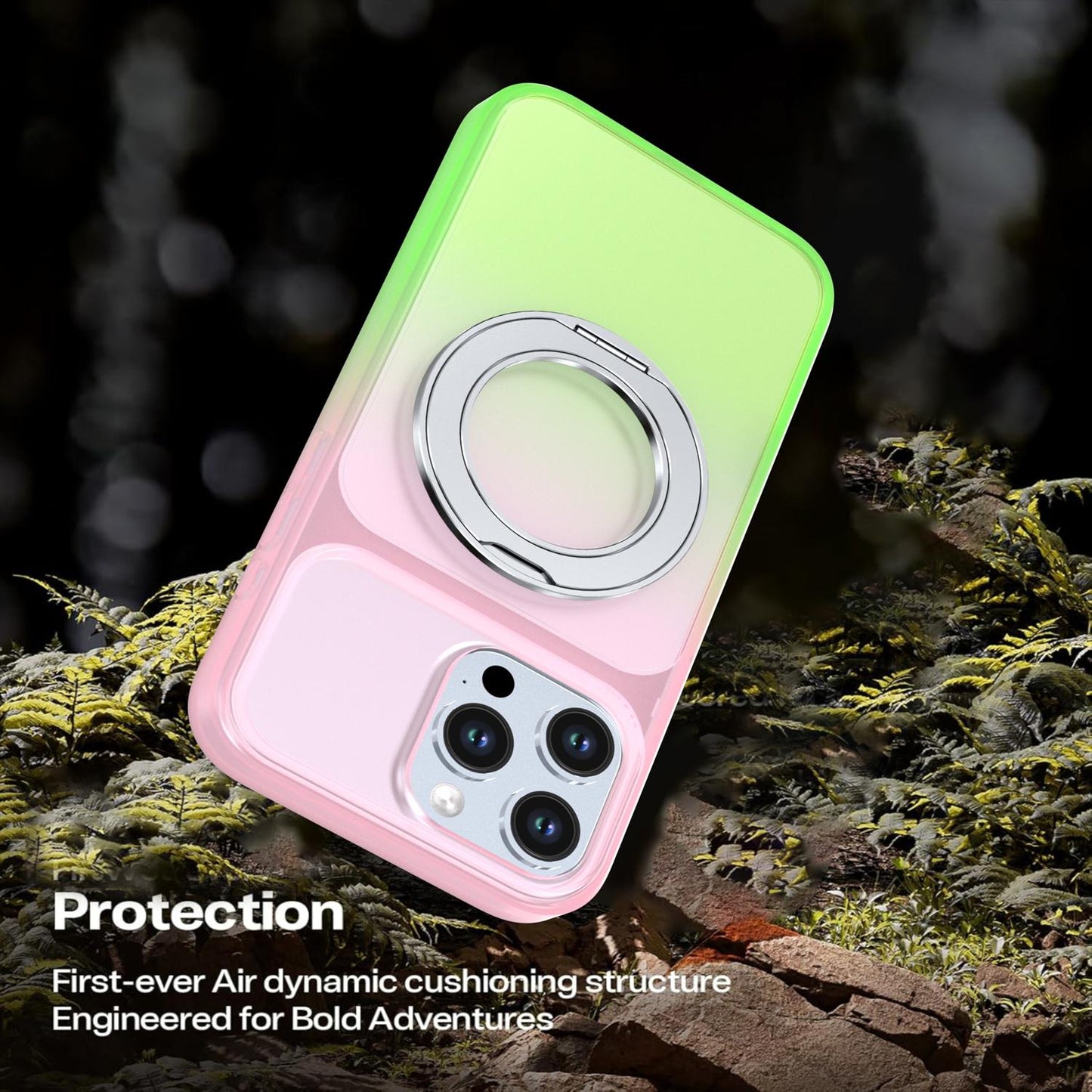 For iPhone 16 Pro Max Phantom Skin Feel Gradient 360 Degree Rotating Holder Phone Case(Pink)