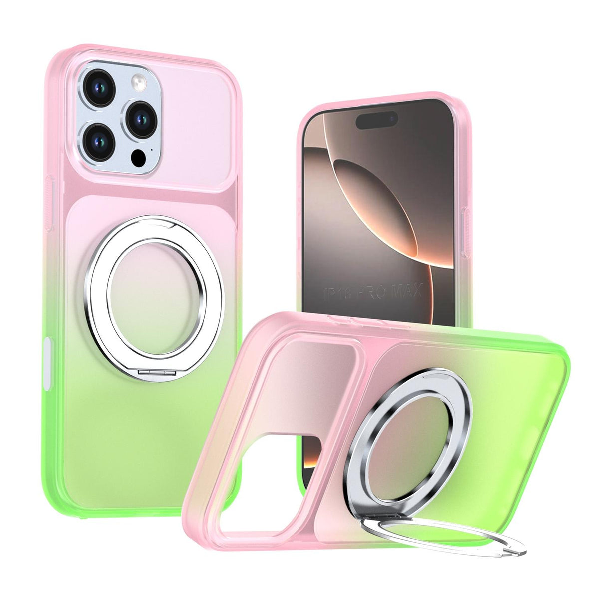 For iPhone 16 Pro Max Phantom Skin Feel Gradient 360 Degree Rotating Holder Phone Case - Pink - EDA009999005B
