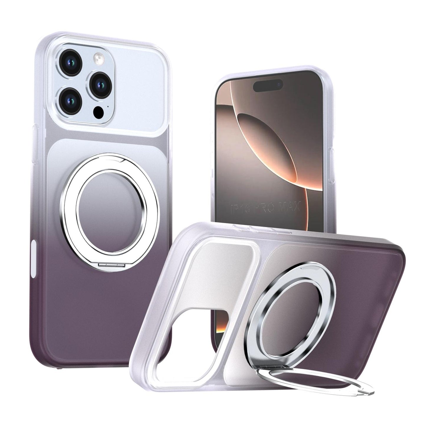 For iPhone 16 Pro Max Phantom Skin Feel Gradient 360 Degree Rotating Holder Phone Case(Grey)