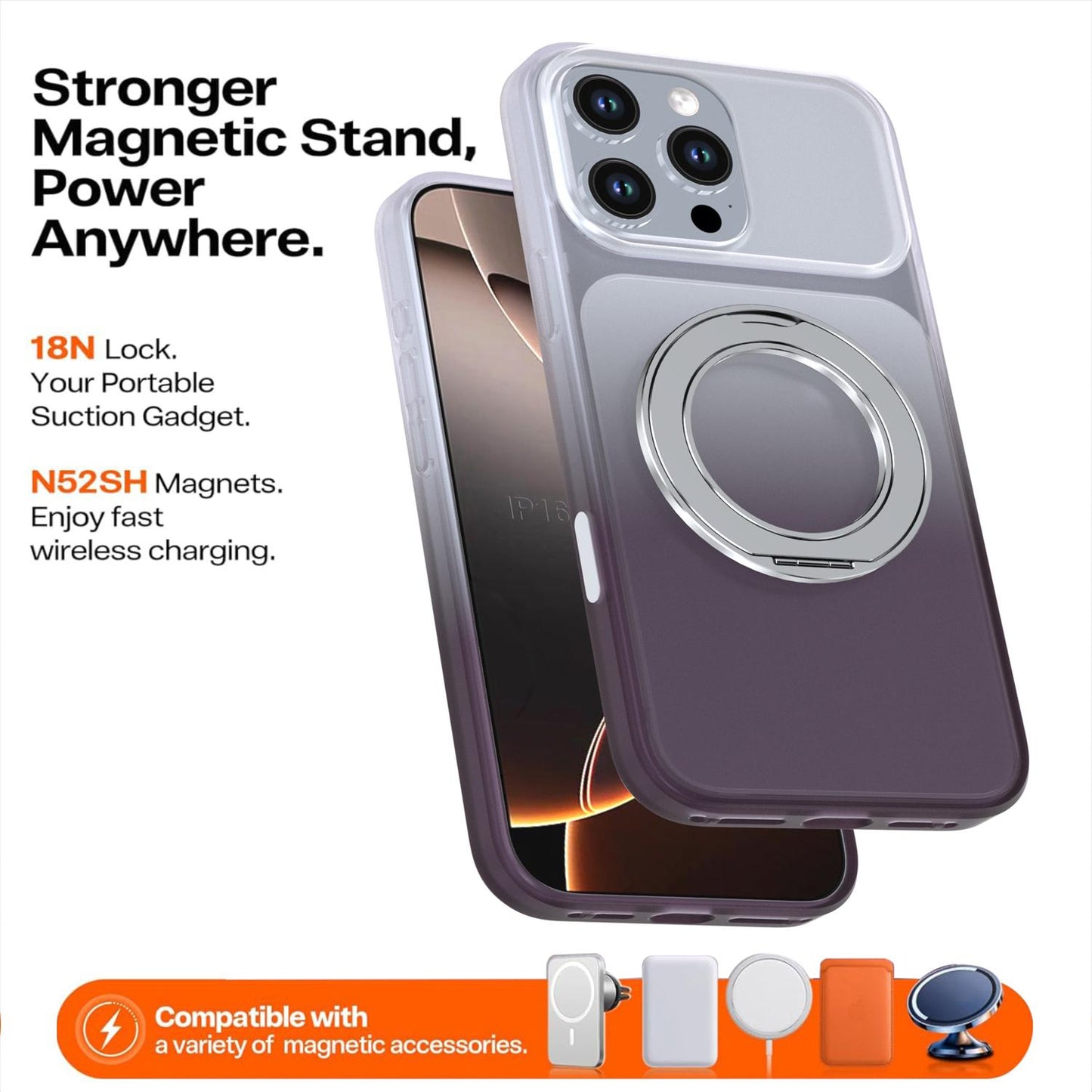 For iPhone 16 Pro Max Phantom Skin Feel Gradient 360 Degree Rotating Holder Phone Case(Grey)
