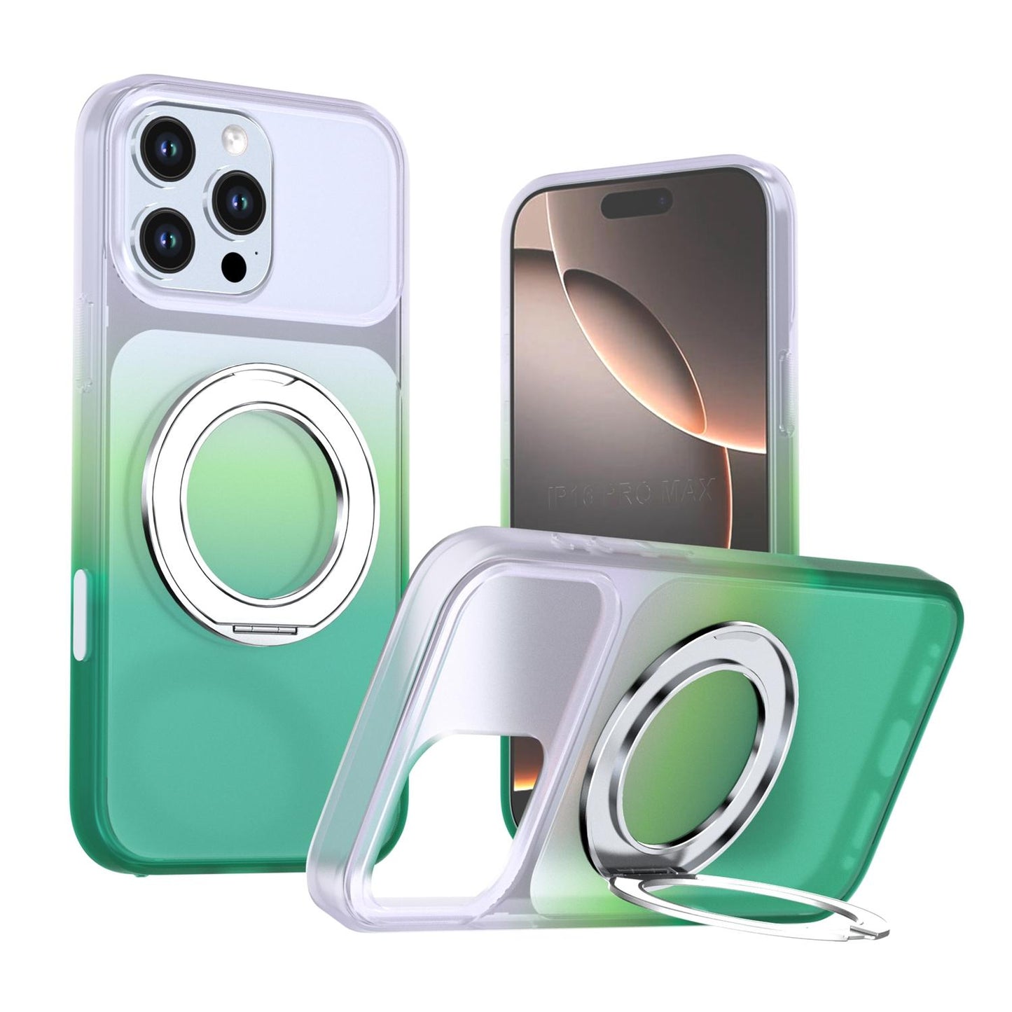 For iPhone 16 Pro Max Phantom Skin Feel Gradient 360 Degree Rotating Holder Phone Case(Green)