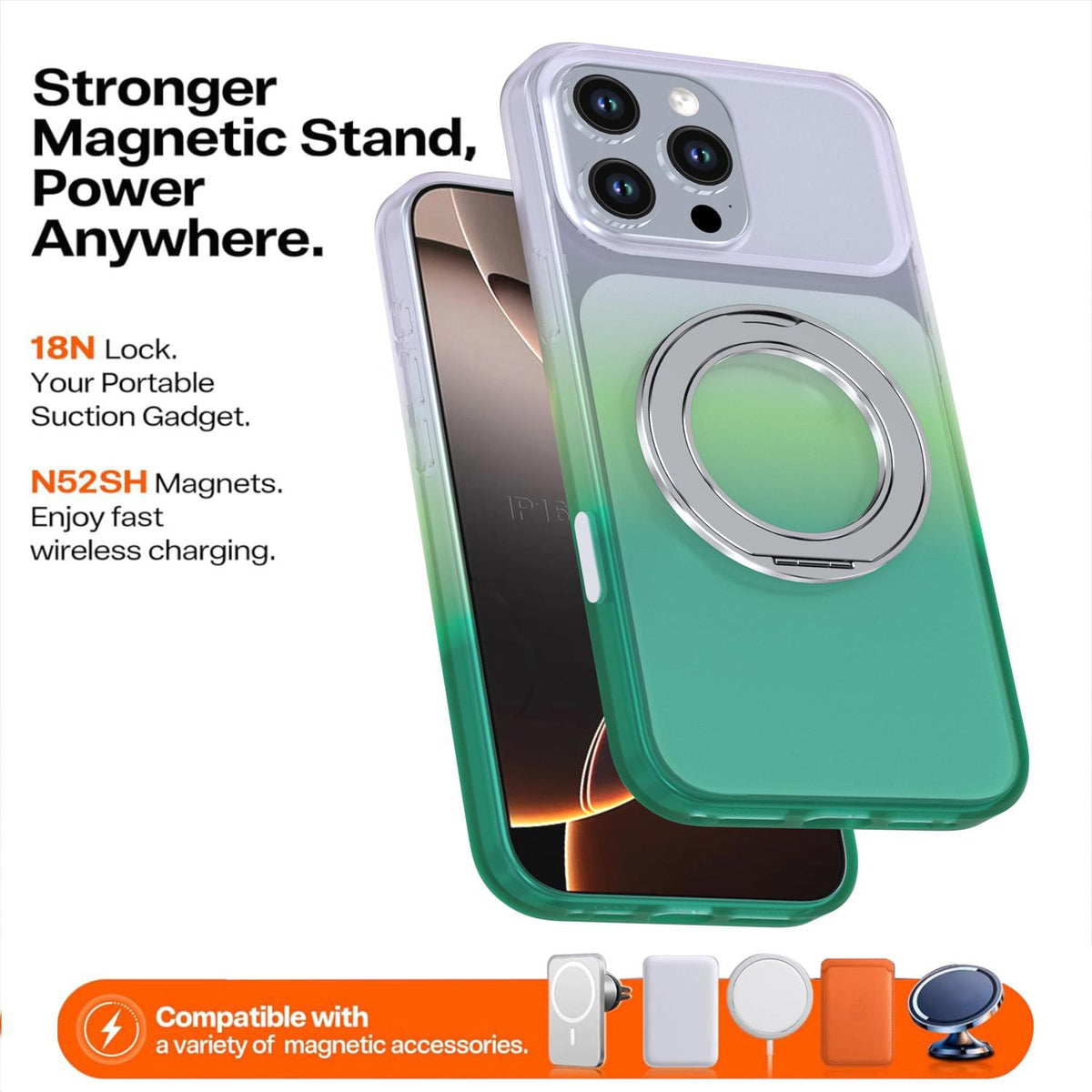 For iPhone 16 Pro Max Phantom Skin Feel Gradient 360 Degree Rotating Holder Phone Case - Green - EDA009999005D