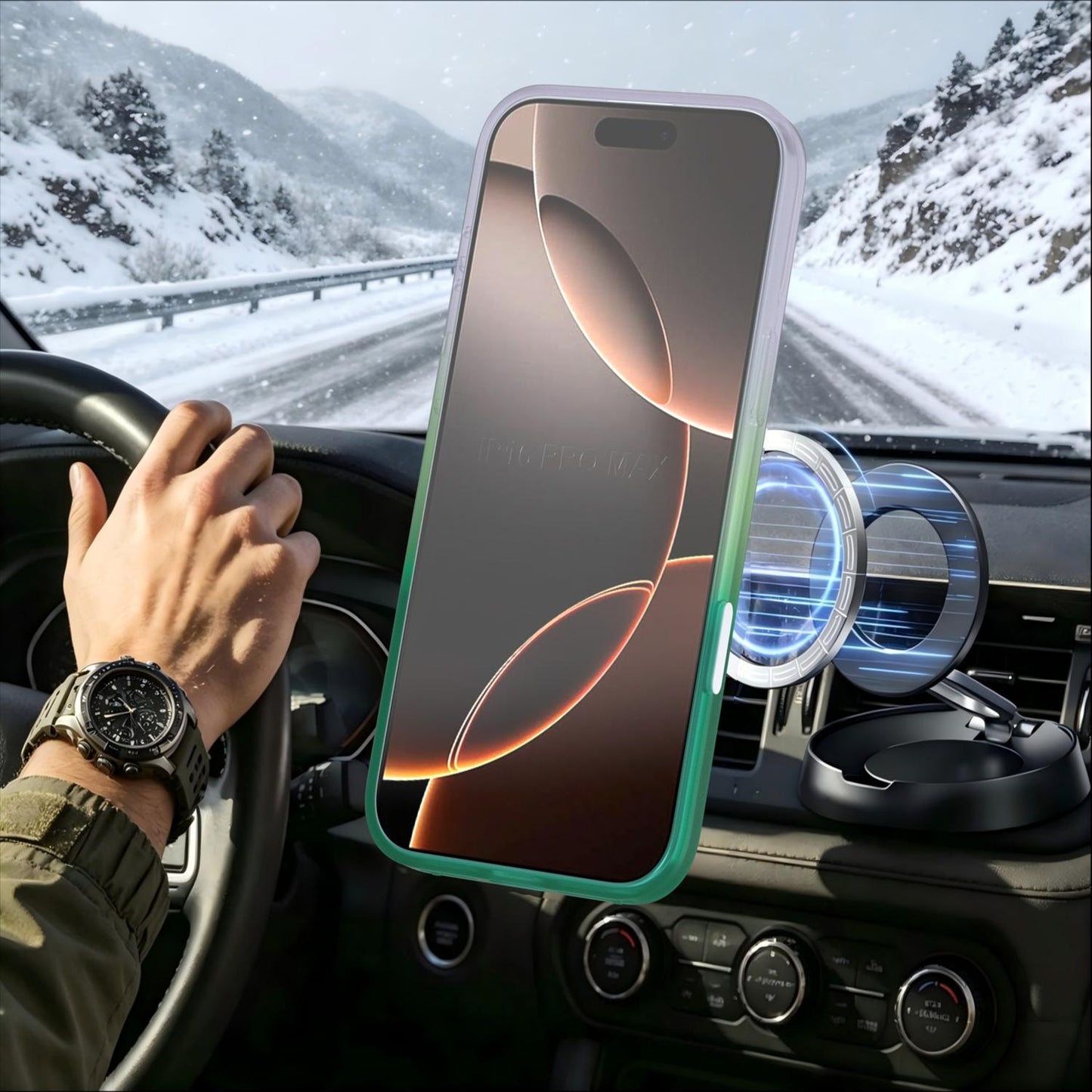 For iPhone 16 Pro Max Phantom Skin Feel Gradient 360 Degree Rotating Holder Phone Case(Green)