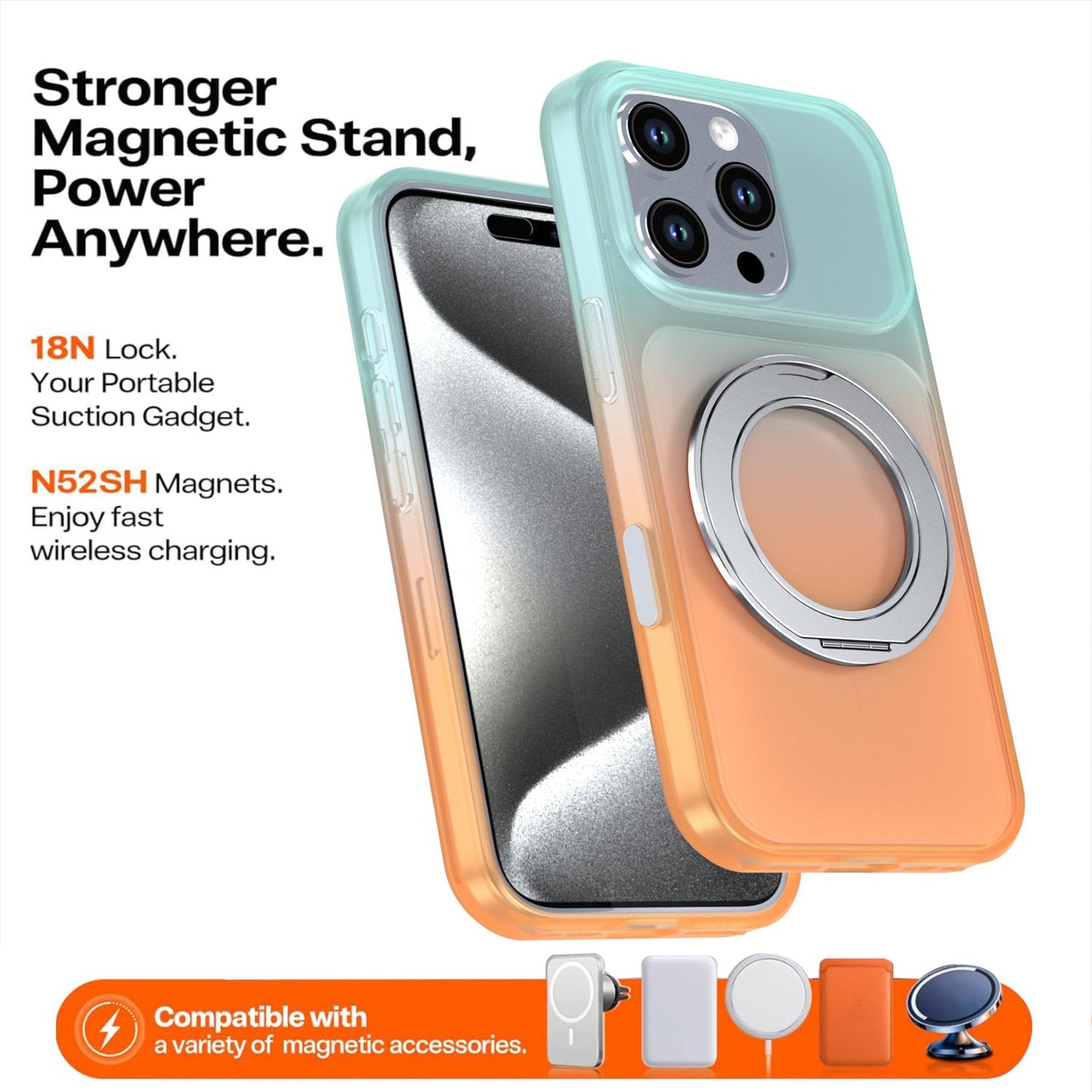For iPhone 16 Pro Phantom Skin Feel Gradient 360 Degree Rotating Holder Phone Case(Orange)